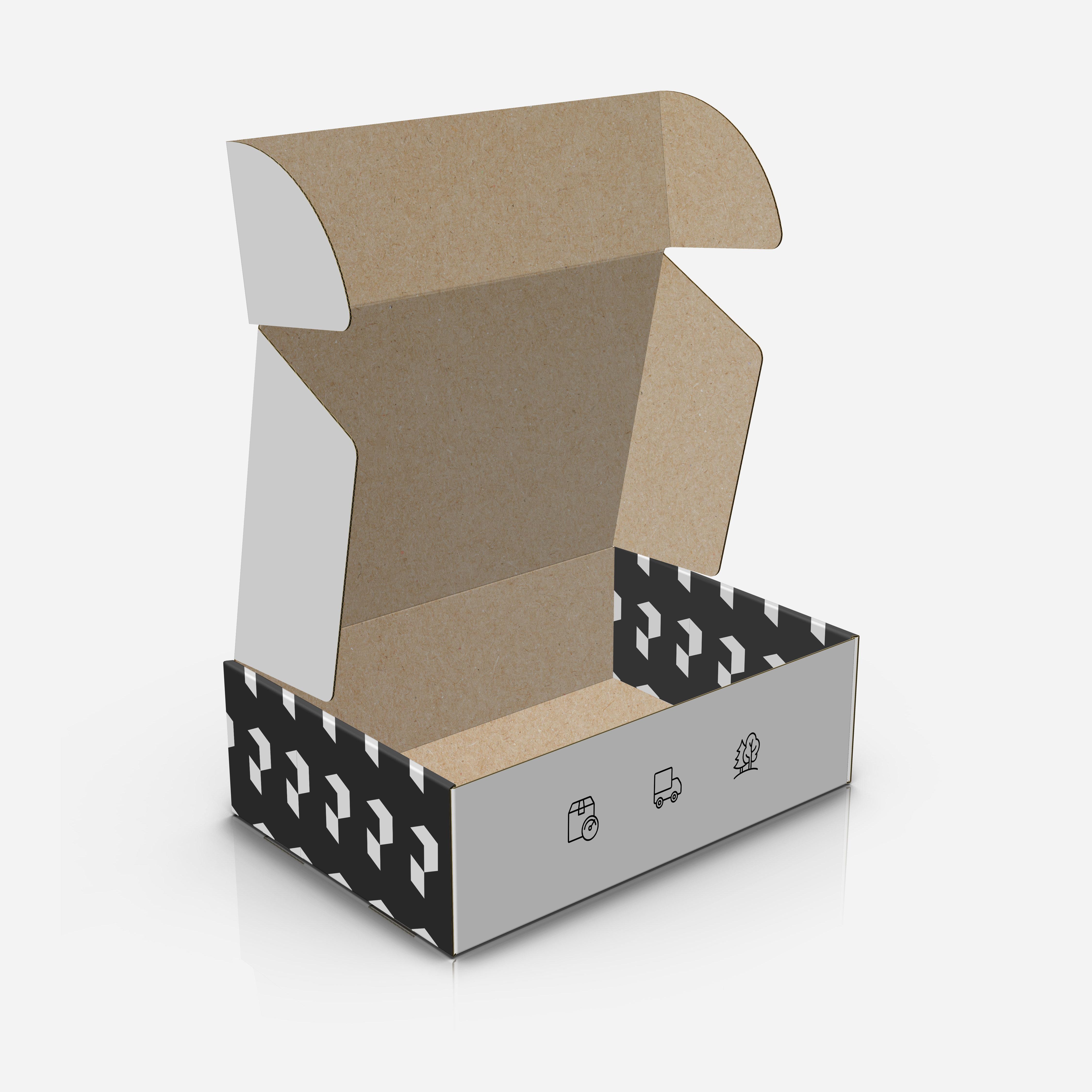 E-commerce boxes, white with black print - boxes with logo printed.